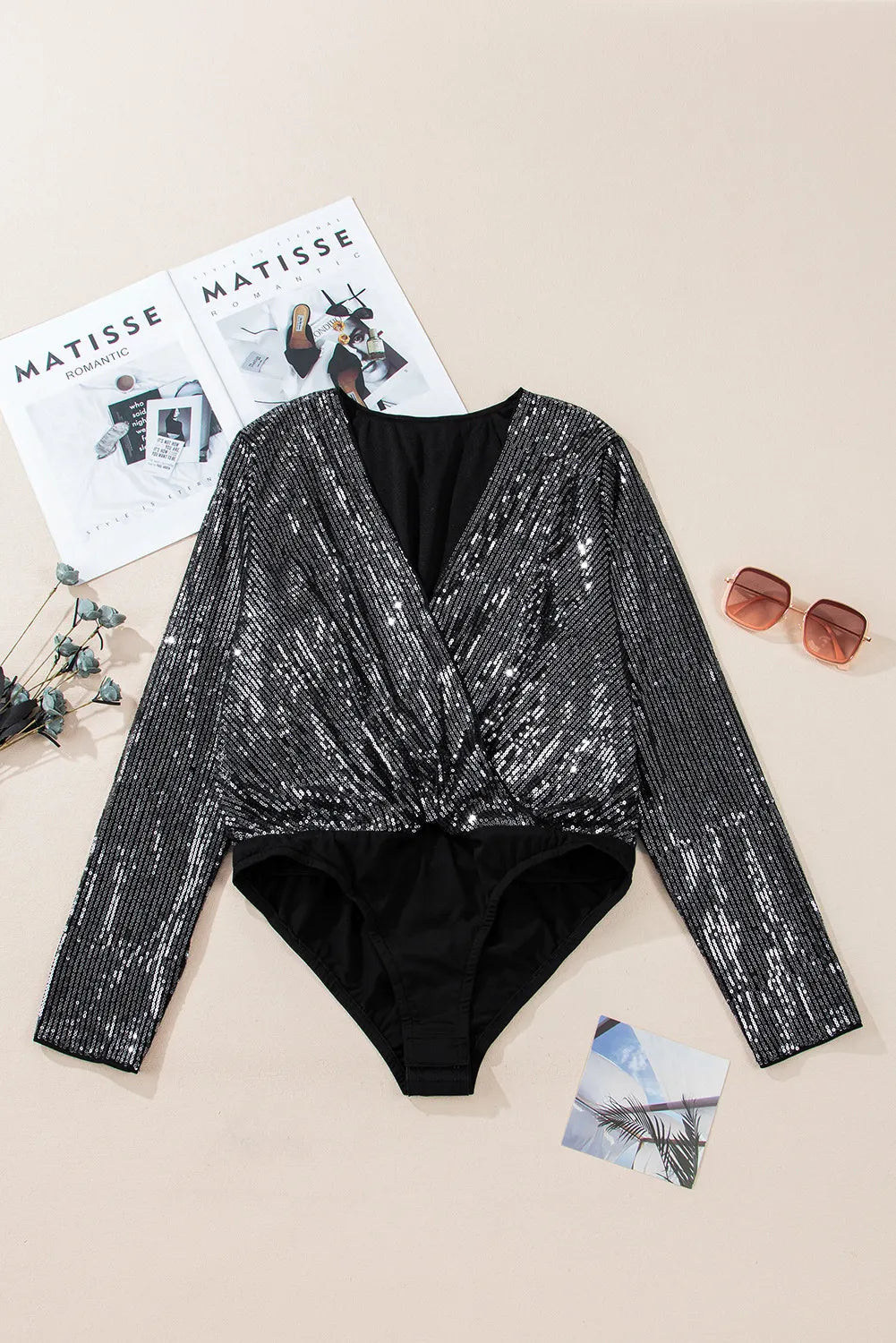 Sequin Surplice Long Sleeve Bodysuit Sunset and Swim   