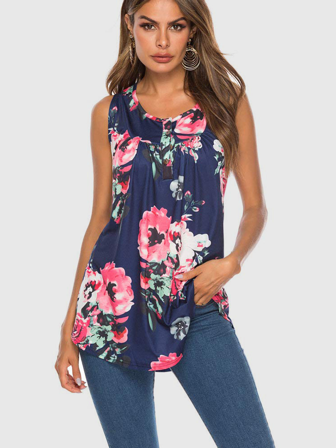 Sunset Vacation Flower Printed Round Neck Tank Sunset and Swim   