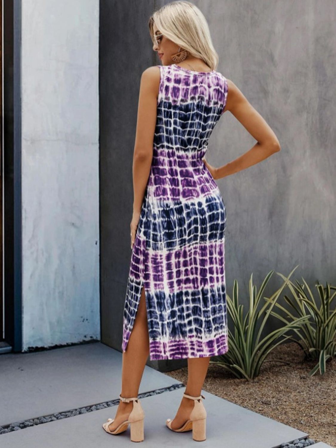 Slit Printed Round Neck Sleeveless Dress Sunset and Swim   