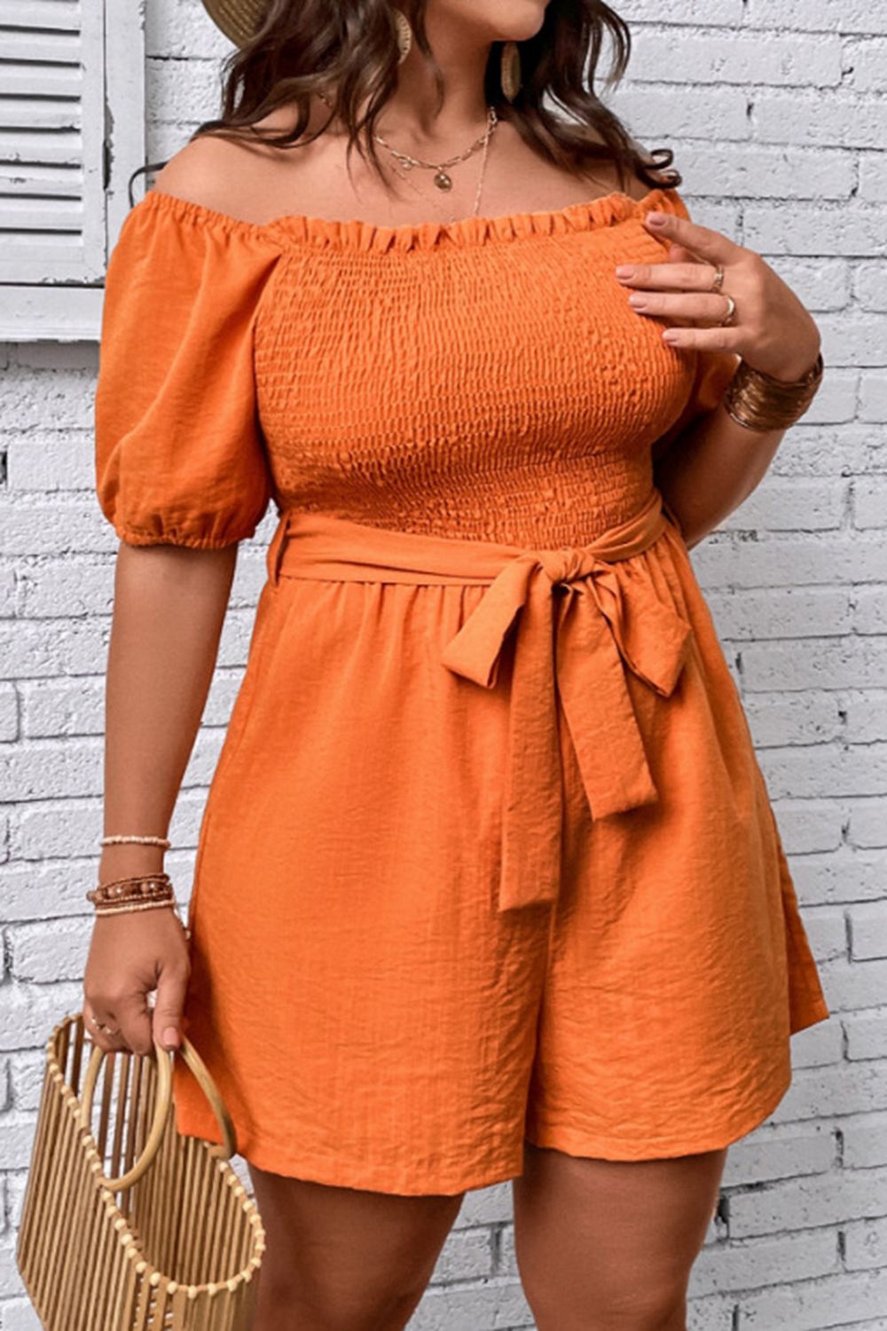 Plus Size Smocked Tie Belt Romper Sunset and Swim   