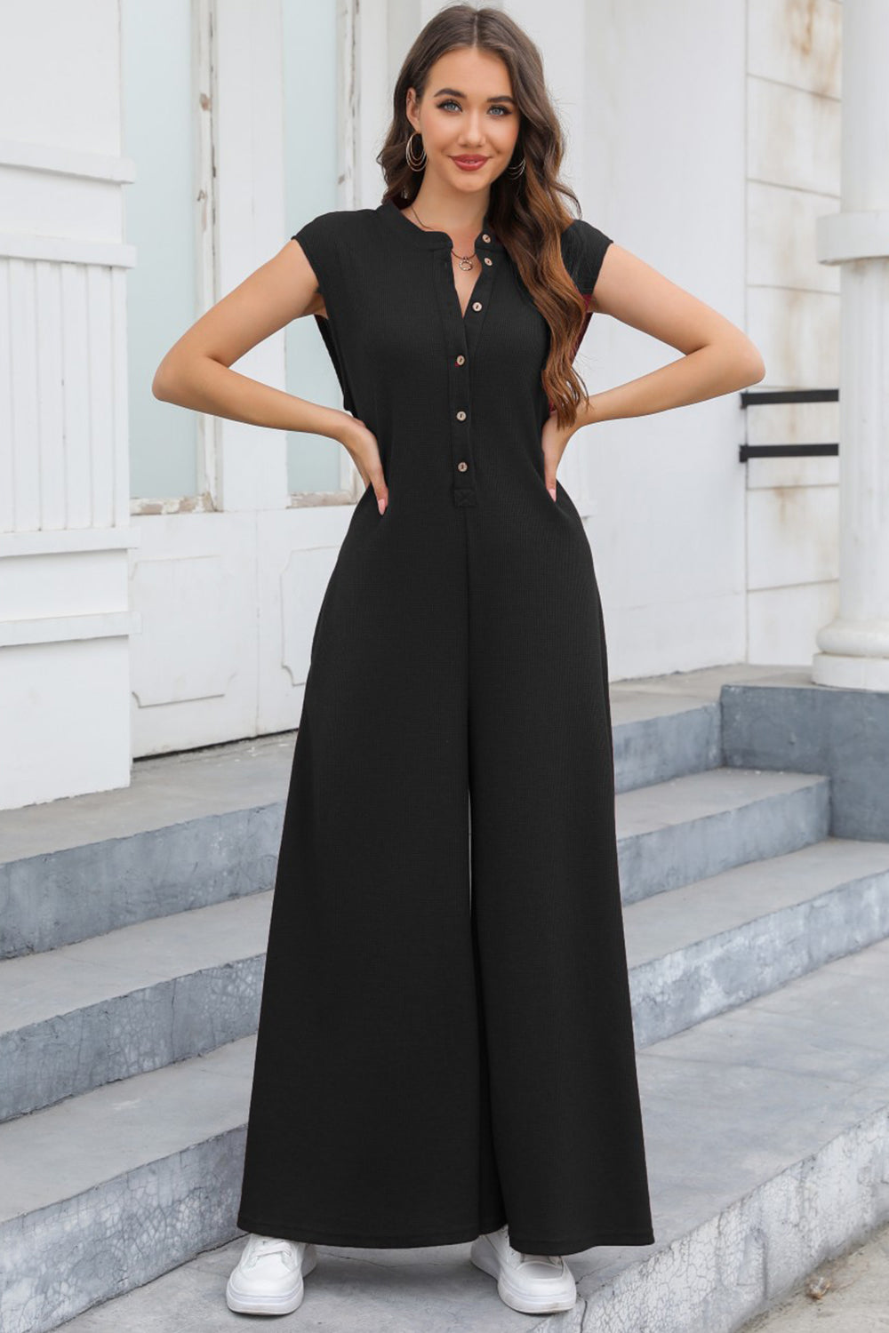 Sunset and Swim  Half Button Wide Leg Jumpsuit with Pockets Sunset and Swim Black S 