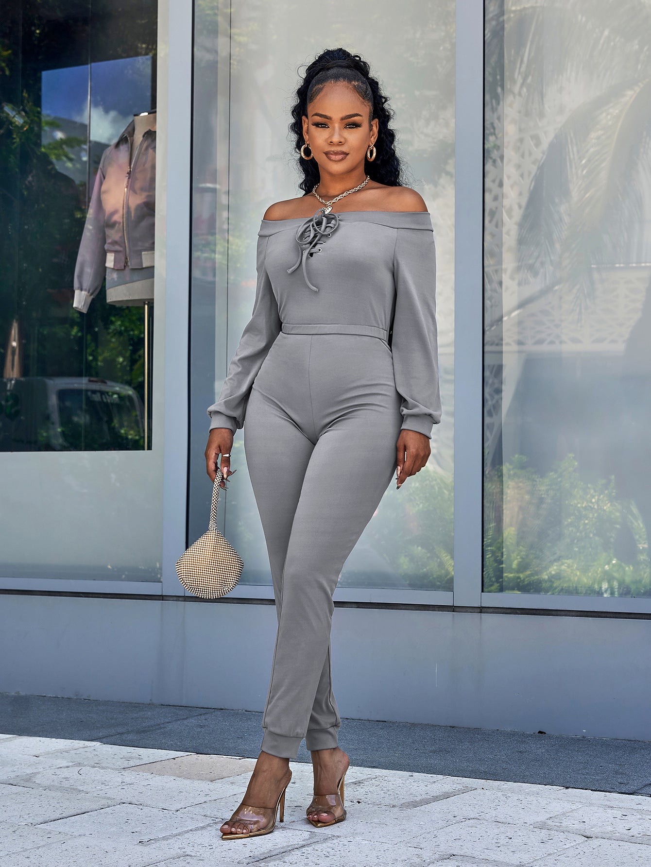 Sunset and Swim Lace-Up Off-Shoulder Long Sleeve Jumpsuit Sunset and Swim   