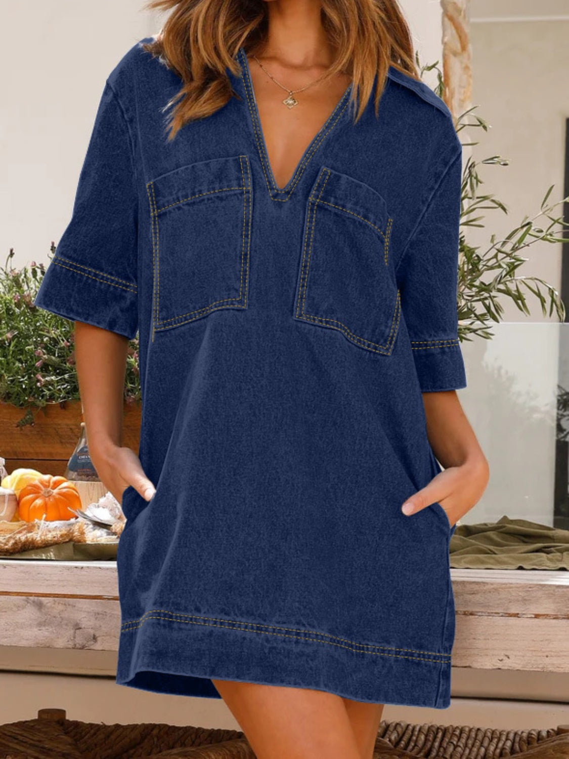 Johnny Collar Half Sleeve Denim Dress Sunset and Swim Navy S 