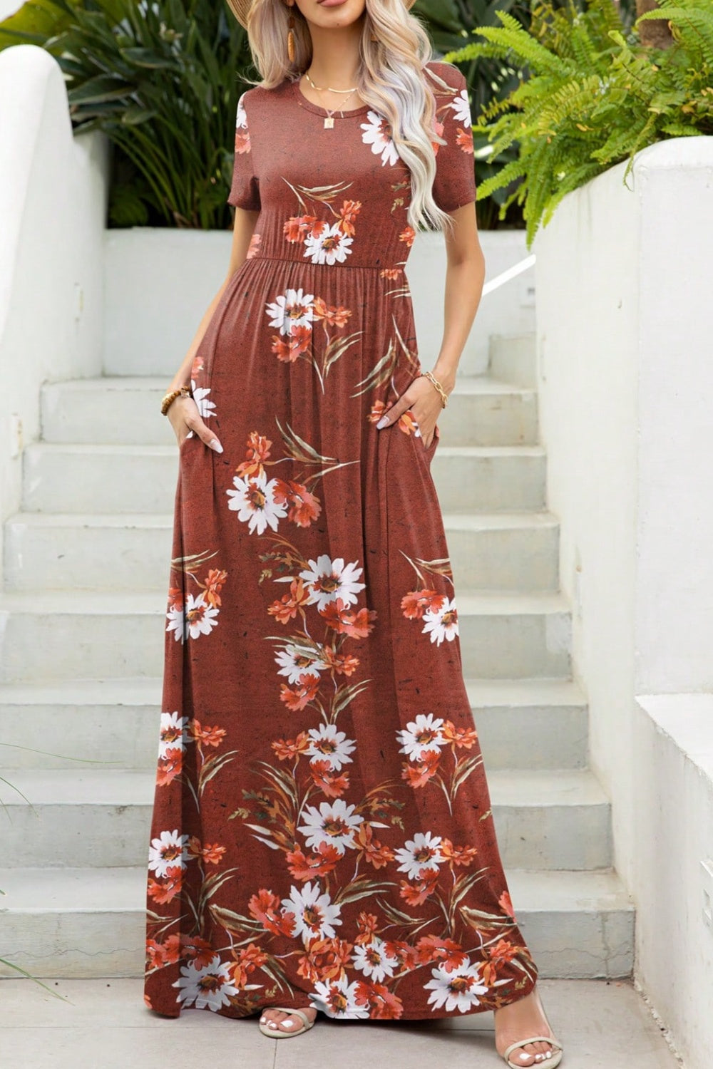 Printed Round Neck Short Sleeve Maxi Dress Sunset and Swim   