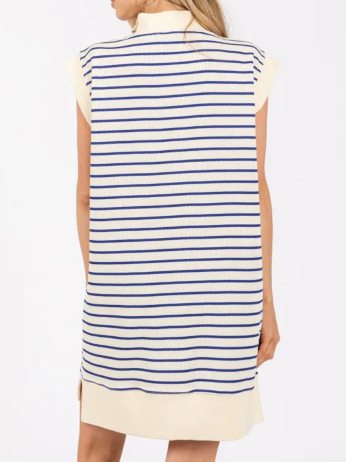 Sunset Vacation Full Size Pocketed Striped Quarter Zip Cap Sleeve Dress Sunset and Swim   