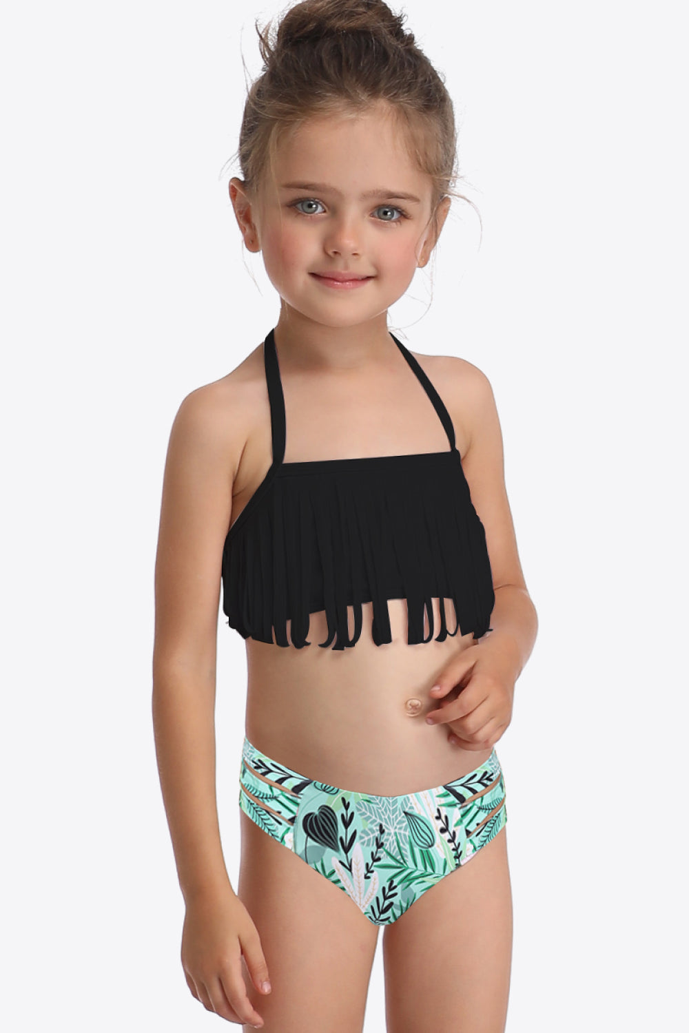 Sunset Vacation  Printed Halter Neck Fringed Two-Piece Swim Set I Kids Swimwear Sunset and Swim Black 4T 