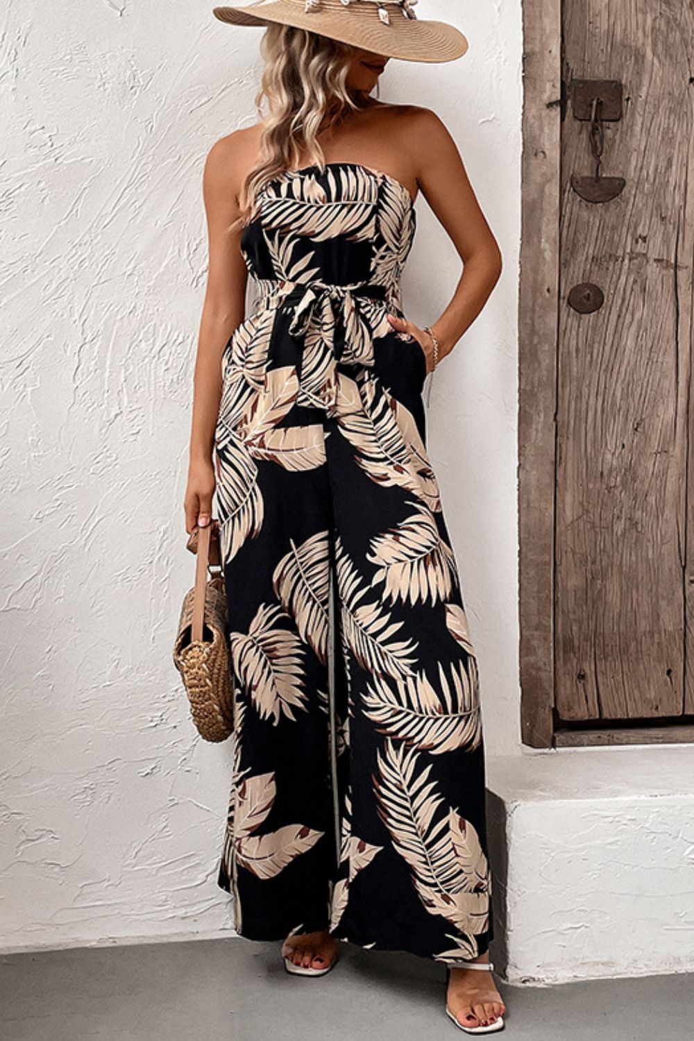 Printed Strapless Wide Leg Jumpsuit with Pockets  Sunset and Swim Black S 