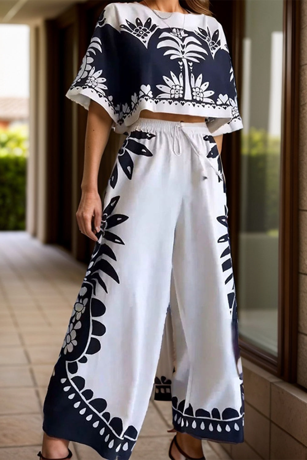 Printed Half Sleeve Top and Wide Leg Pants Set Sunset and Swim White S 