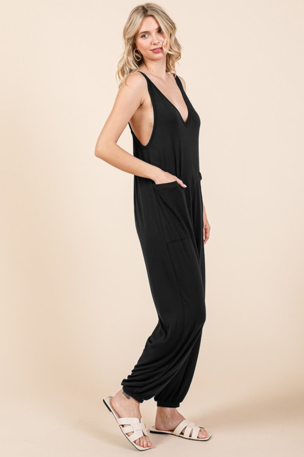Culture Code Full Size Plunge Sleeveless Jumpsuit with Pockets Sunset and Swim   