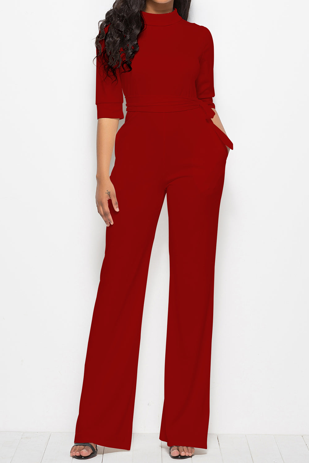 Mock Neck Tie-Waist Half Sleeve Jumpsuit Sunset and Swim Deep Red S 