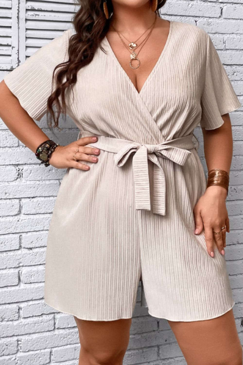 Plus Size Tie Waist Surplice Neck Romper Sunset and Swim   