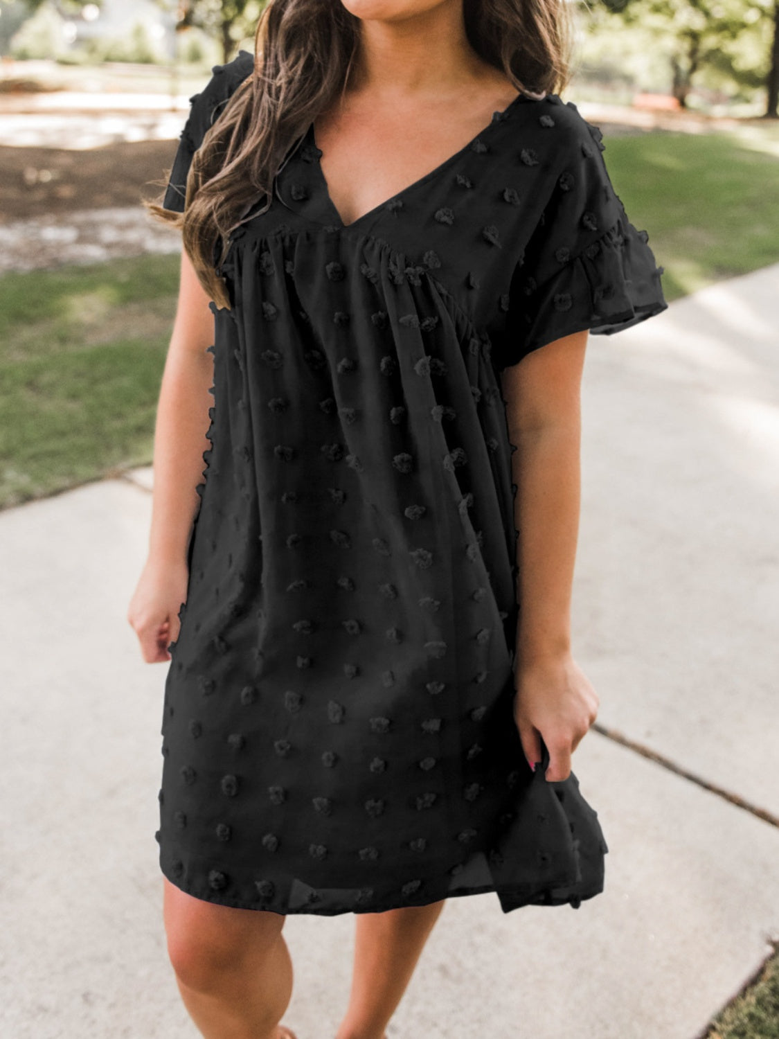 Swiss Dot V-Neck Short Sleeve Mini Dress Sunset and Swim   