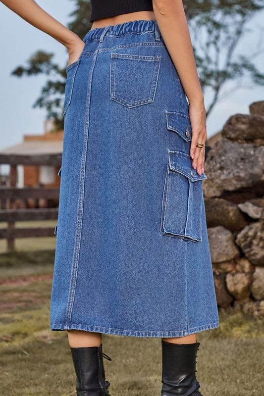 Slit Front Midi Denim Skirt with Pockets  Sunset and Swim   