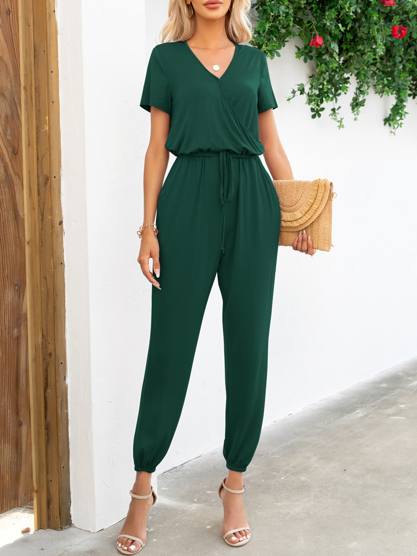 Short Sleeve V-Neck Jumpsuit with Pockets Sunset and Swim Green S 