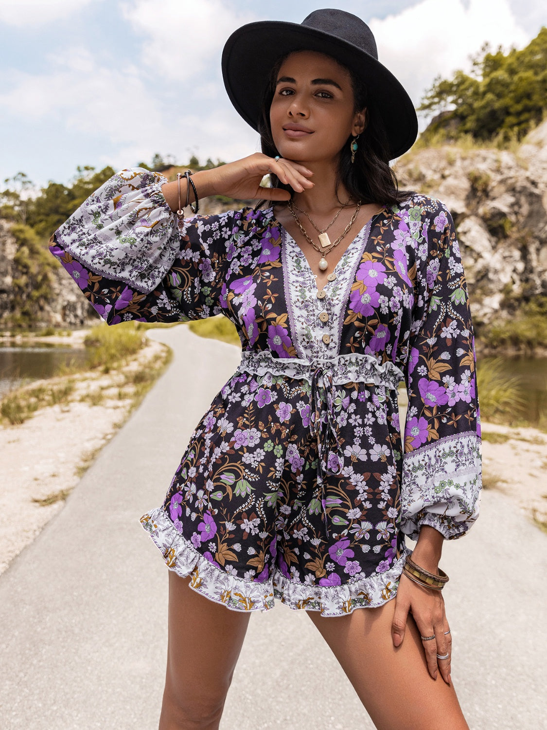 Printed Frill Half Button Balloon Sleeve Romper Sunset and Swim   