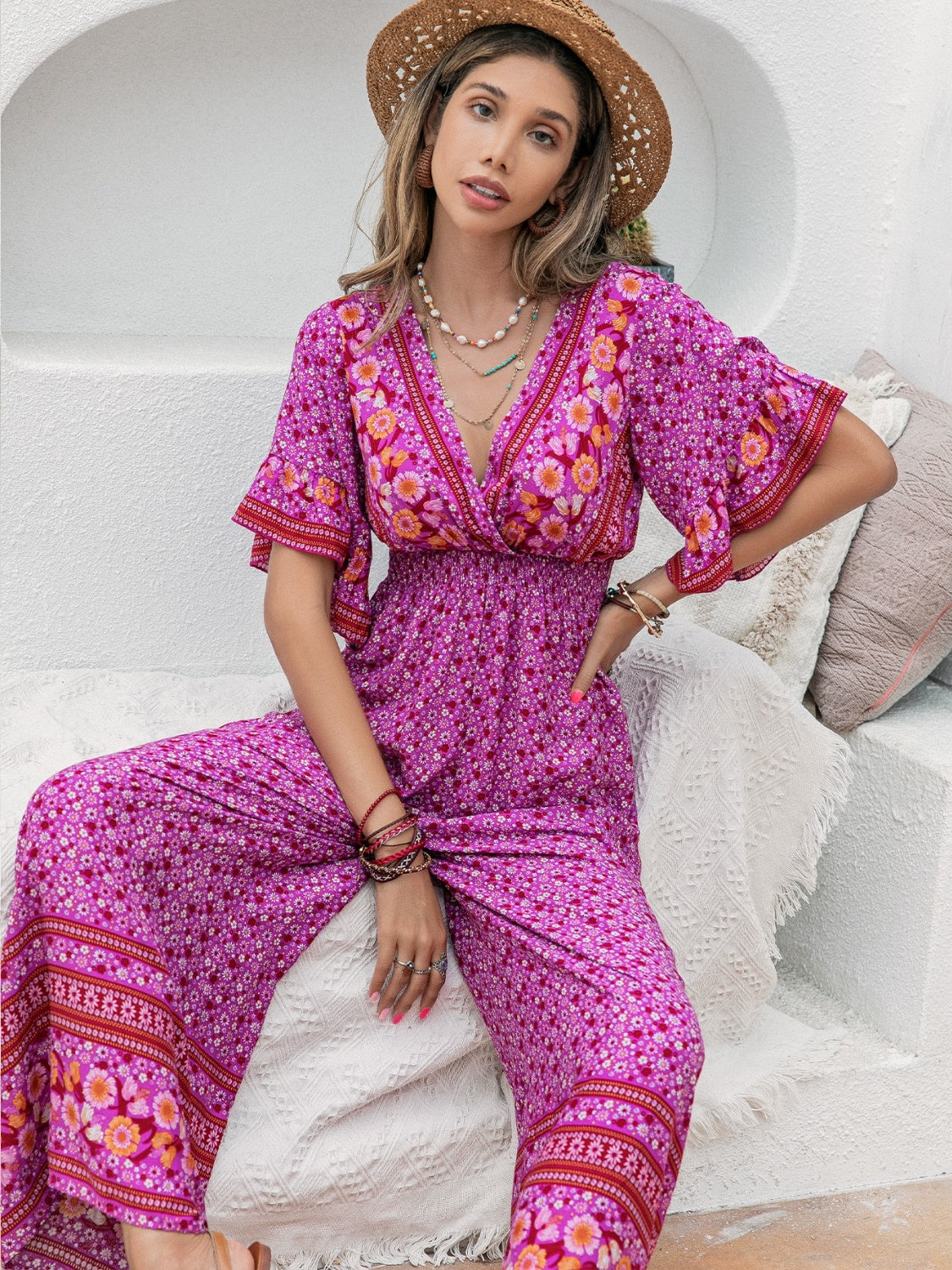 Floral Surplice Flutter Sleeve Jumpsuit Sunset and Swim Fuchsia S 