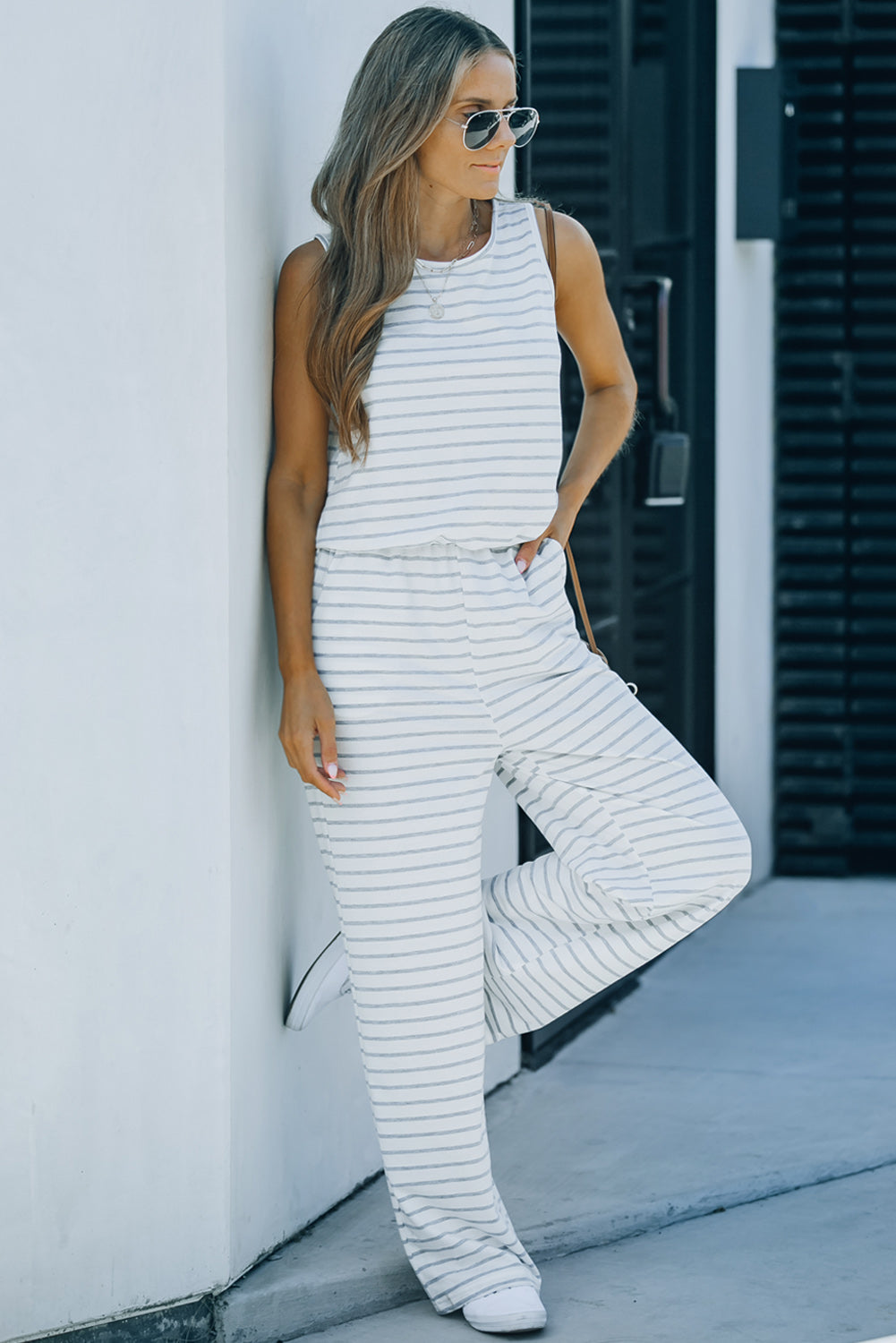 Sunset and Swim Striped Sleeveless Jumpsuit with Pockets Sunset and Swim   