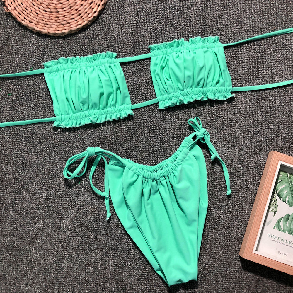 Frill Trim Ruched Bikini Set  Sunset and Swim Mint Green S 