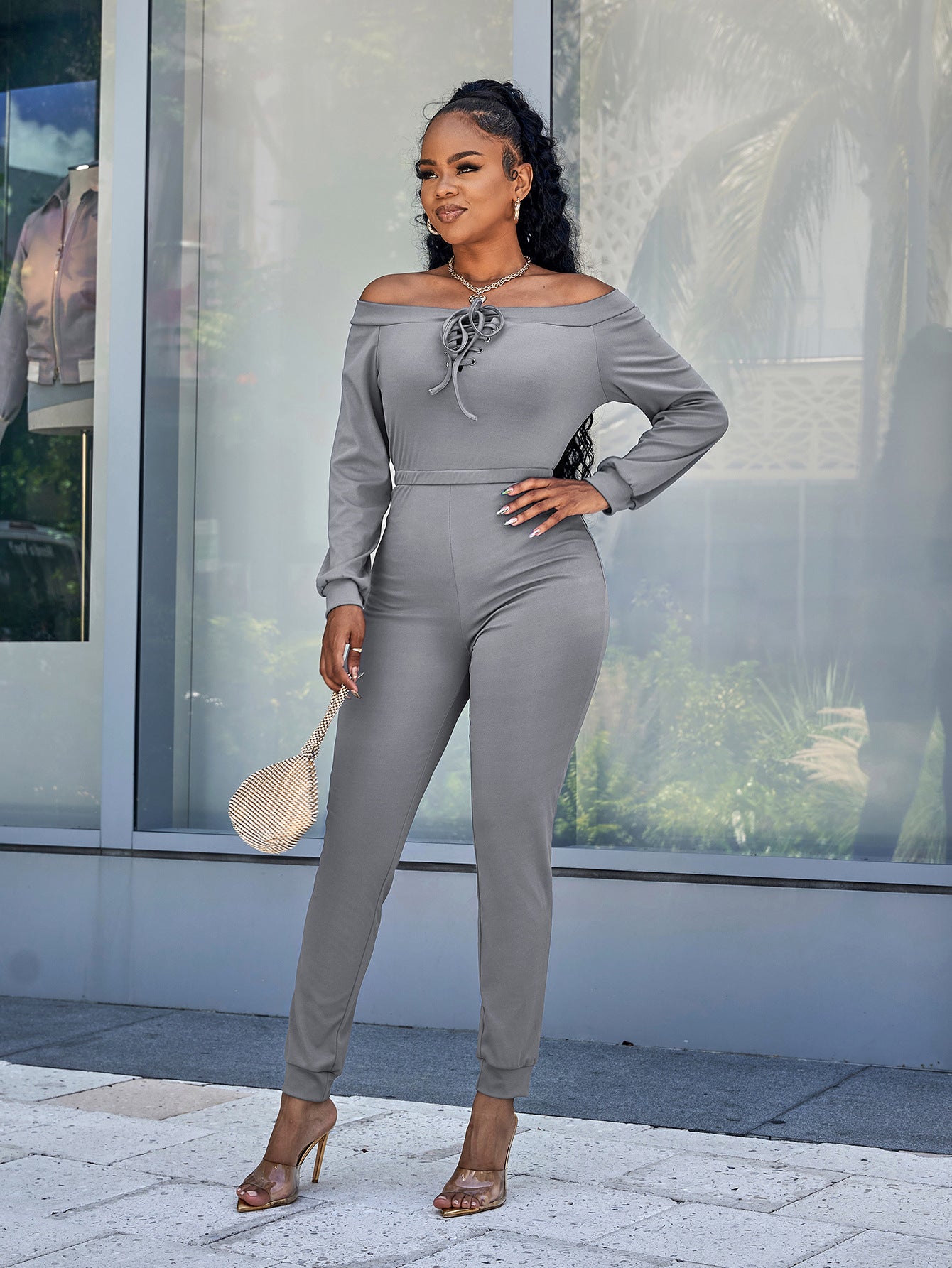 Sunset and Swim Lace-Up Off-Shoulder Long Sleeve Jumpsuit Sunset and Swim   