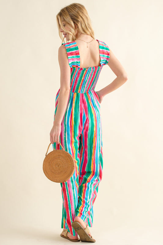 Sunset and Swim  And The Why Plus Size Striped Smocked Sleeveless Jumpsuit Sunset and Swim   