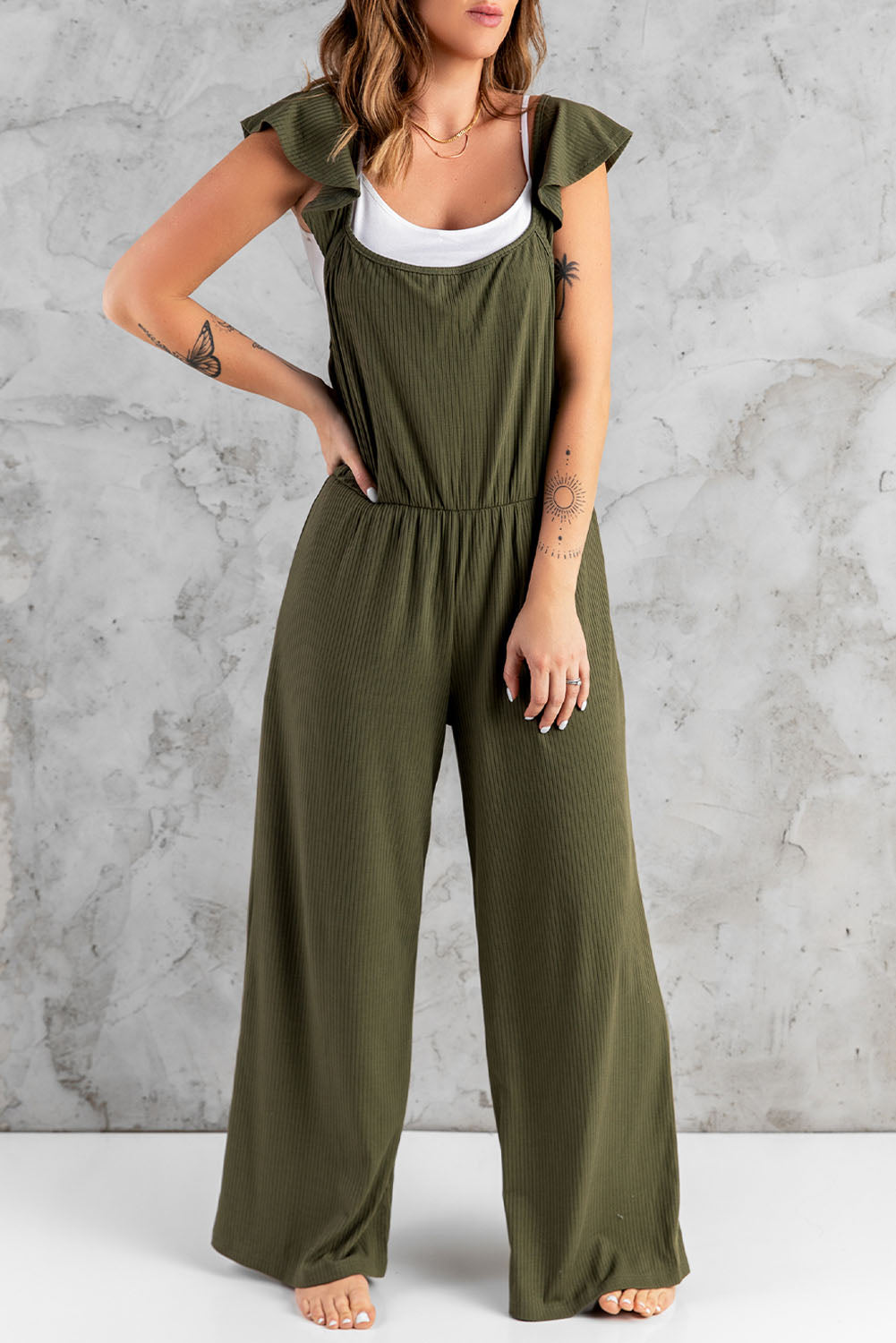 Flutter Sleeve Ribbed Jumpsuit Sunset and Swim Green S 