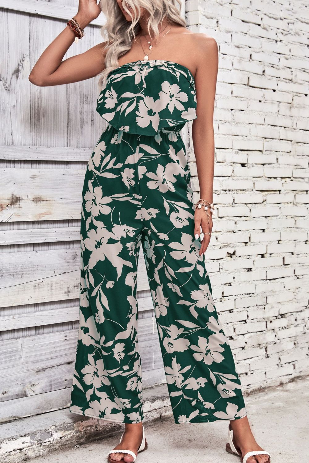 Floral Strapless Wide Leg Jumpsuit  Sunset and Swim Green S 