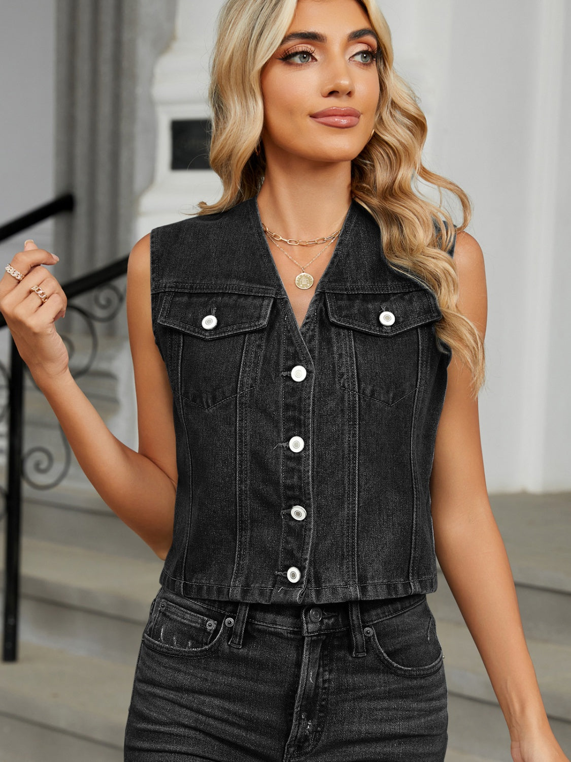 V-Neck Button Down Denim Vest Sunset and Swim Black S 