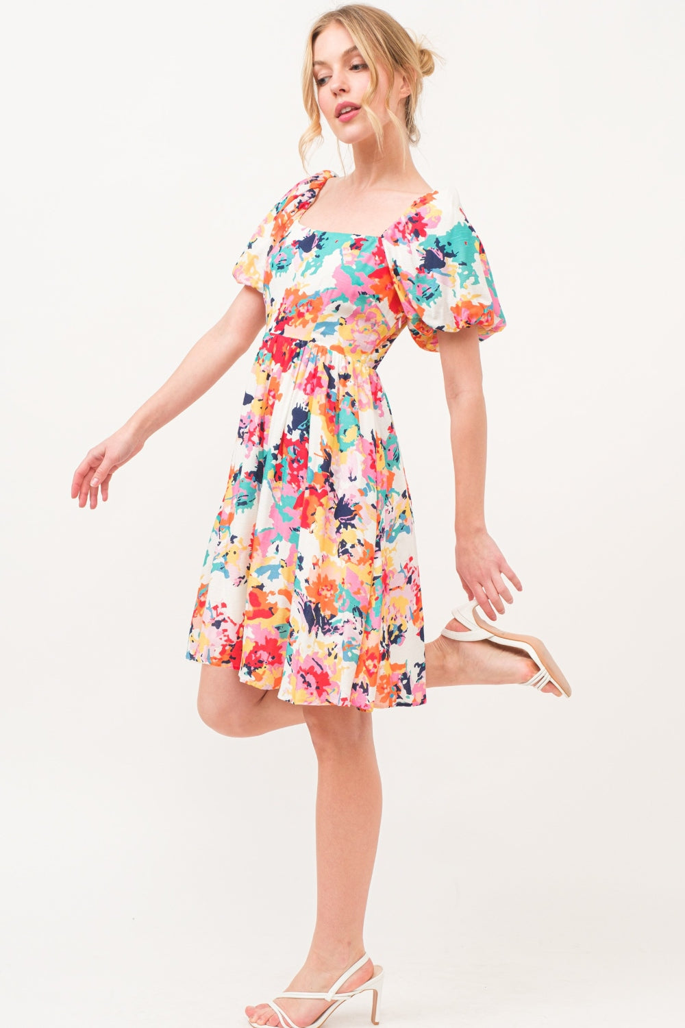 And The Why Square Neck Puff Sleeve Floral Dress Sunset and Swim   