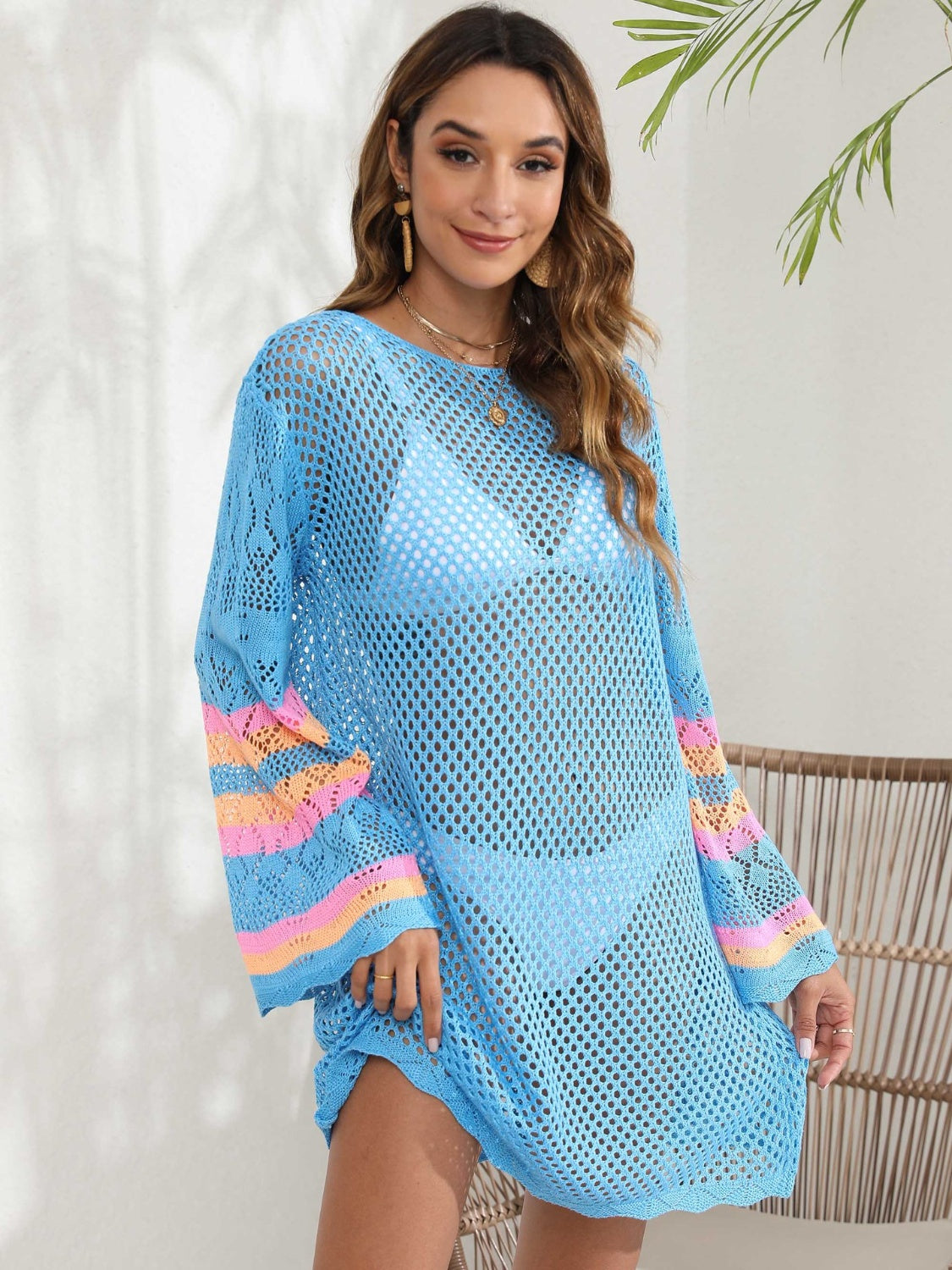 Sunset Vacation  Openwork Contrast Long Sleeve Cover-Up  Sunset and Swim   