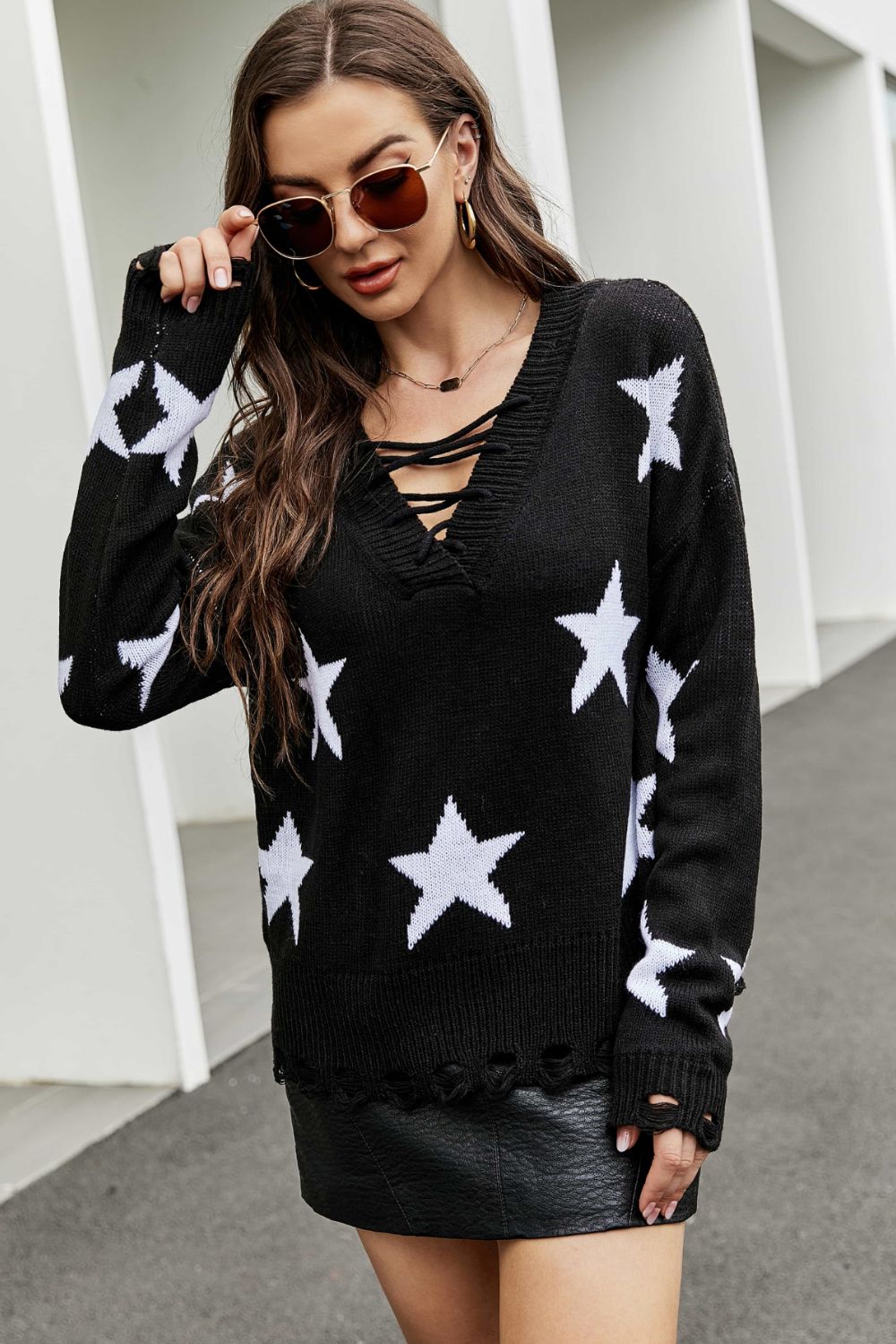 Star Pattern Lace-Up Drop Shoulder Sweater Sunset and Swim Black S 