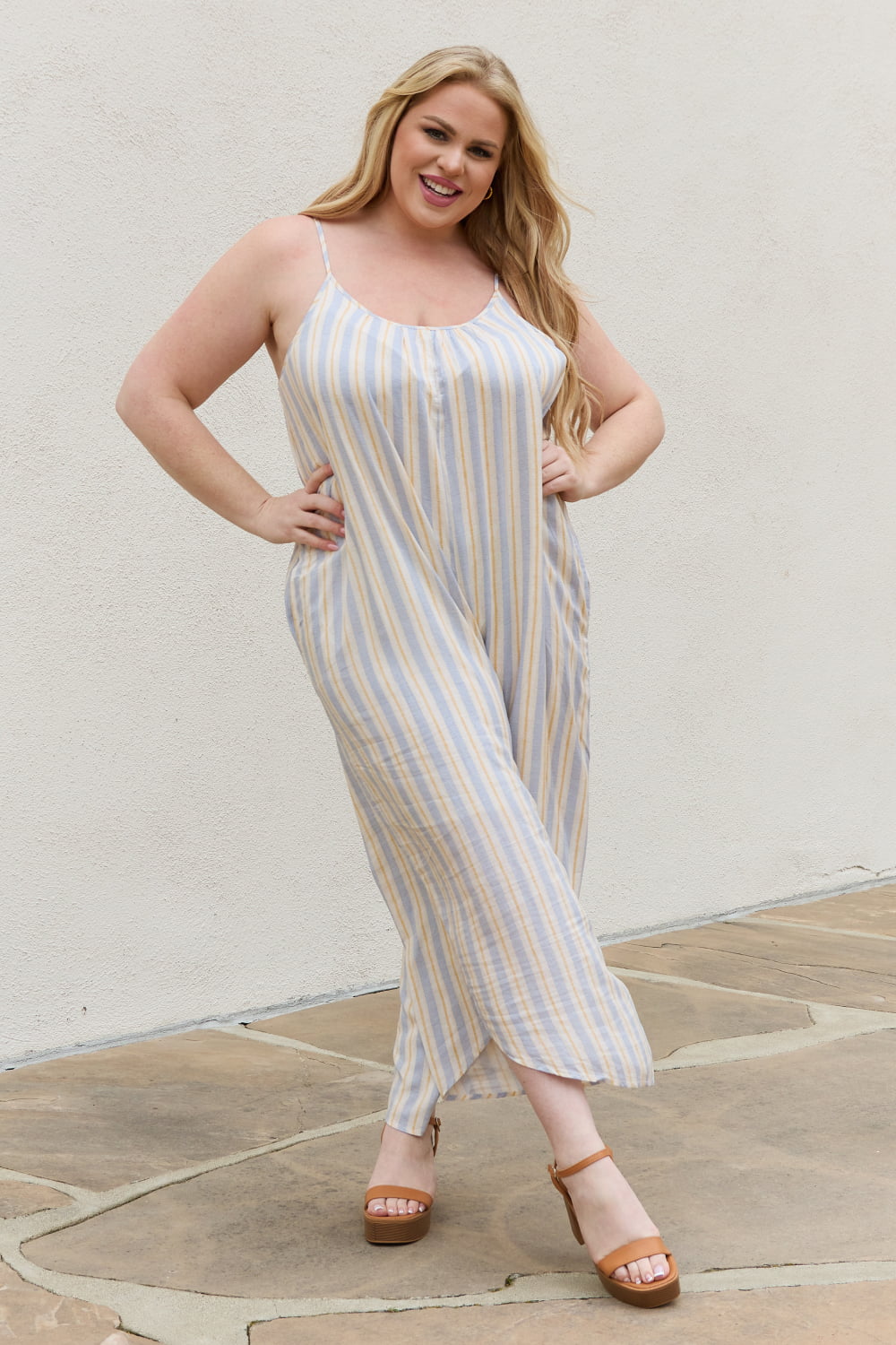 HEYSON Full Size Multi Colored Striped Jumpsuit with Pockets  Sunset and Swim   