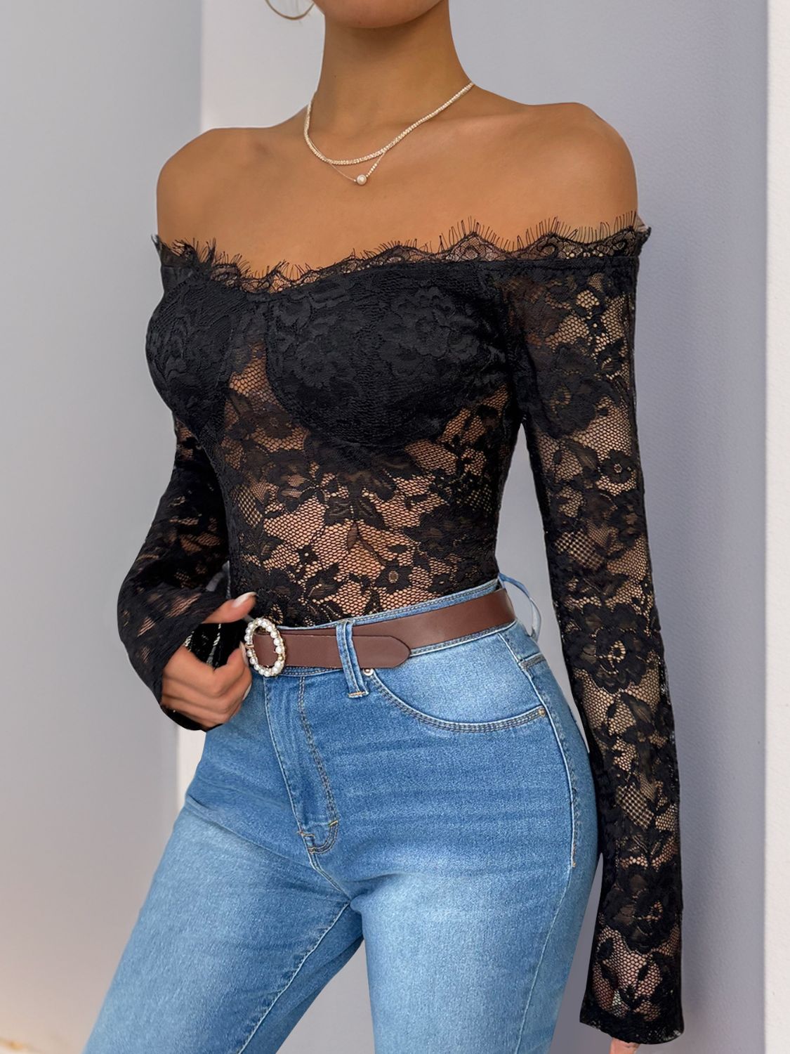 Perfee Lace Off-Shoulder Long Sleeve Bodysuit Sunset and Swim   