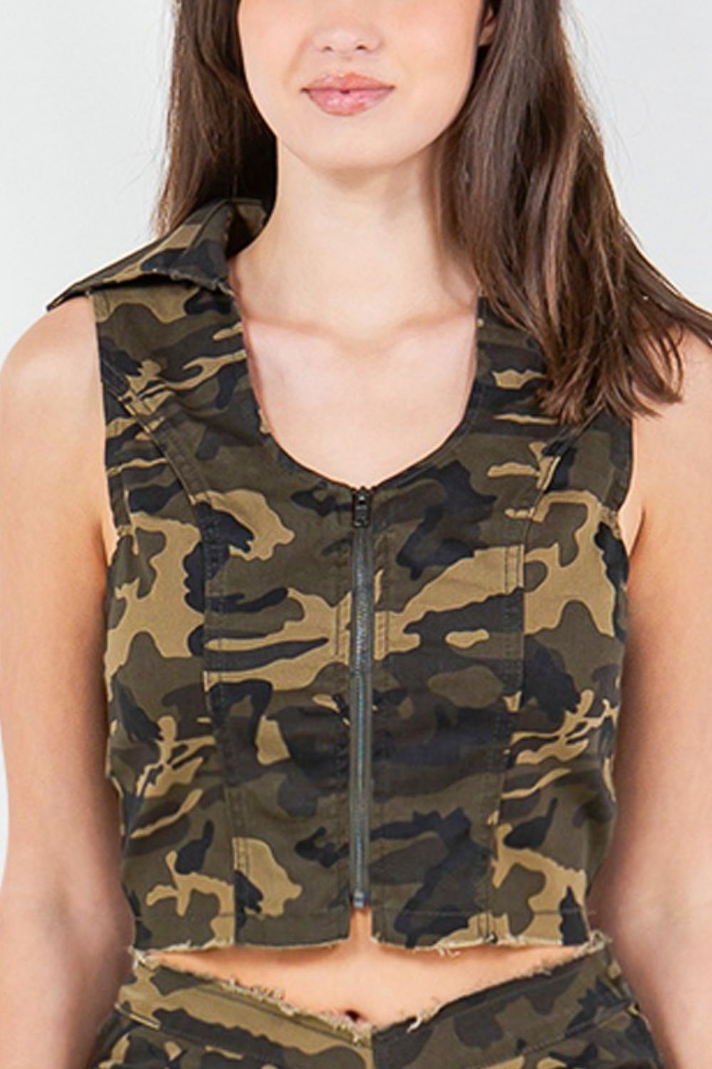 American Bazi Zip Up Camo Crop Denim Vest Sunset and Swim   