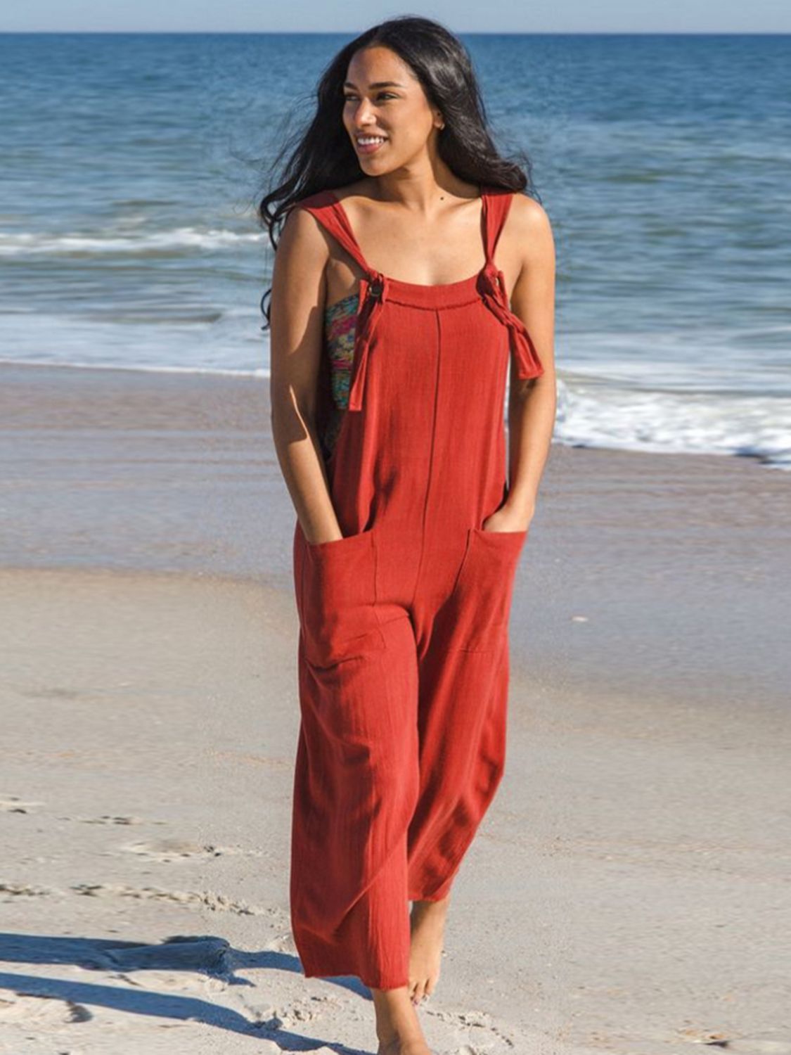 Sleeveless Straight Neck Pocketed Jumpsuit Sunset and Swim Rust S 