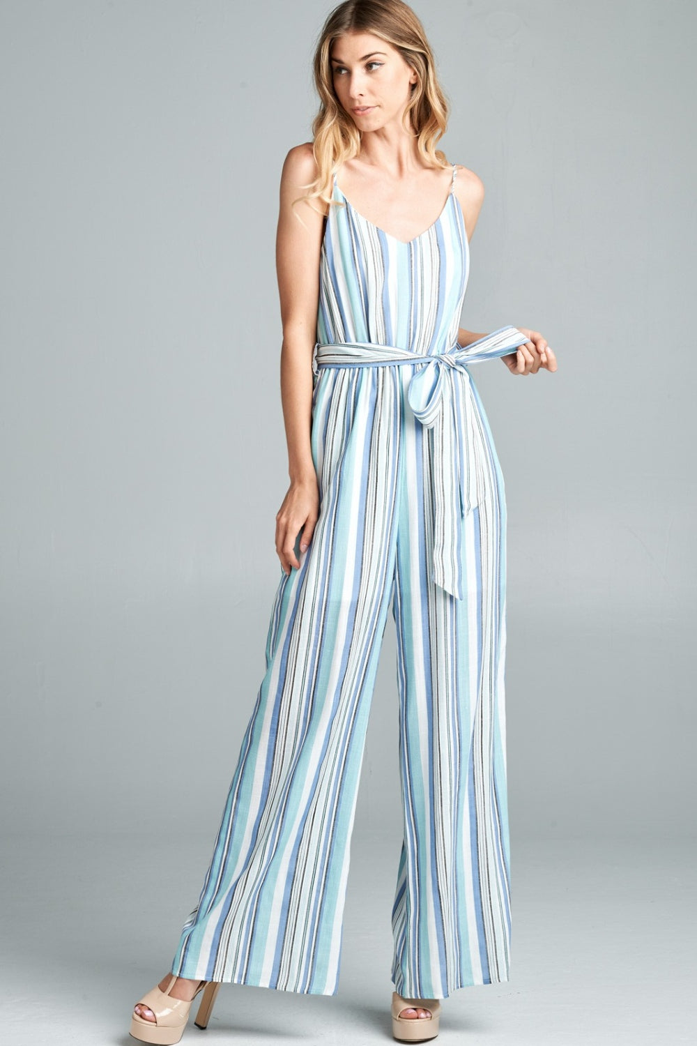 Cotton Bleu by Nu Label Tie Front Striped Sleeveless Jumpsuit Sunset and Swim   