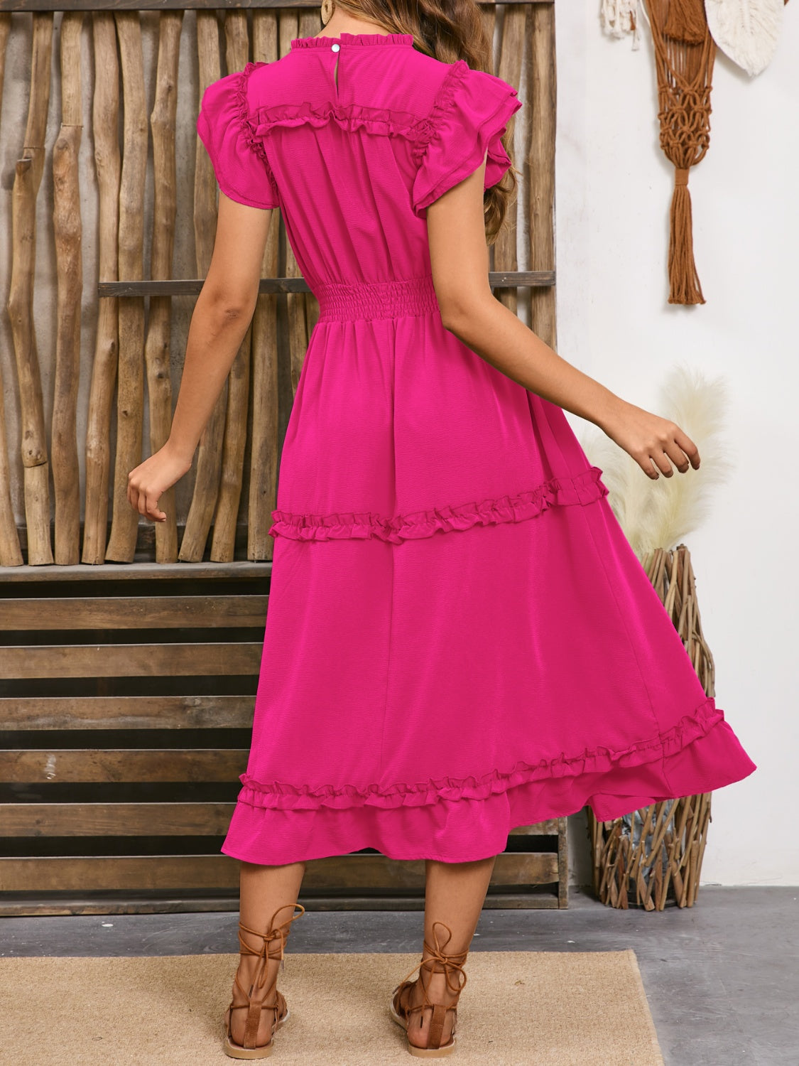 Sunset Vacation Frill Round Neck Cap Sleeve Midi Dress Sunset and Swim   