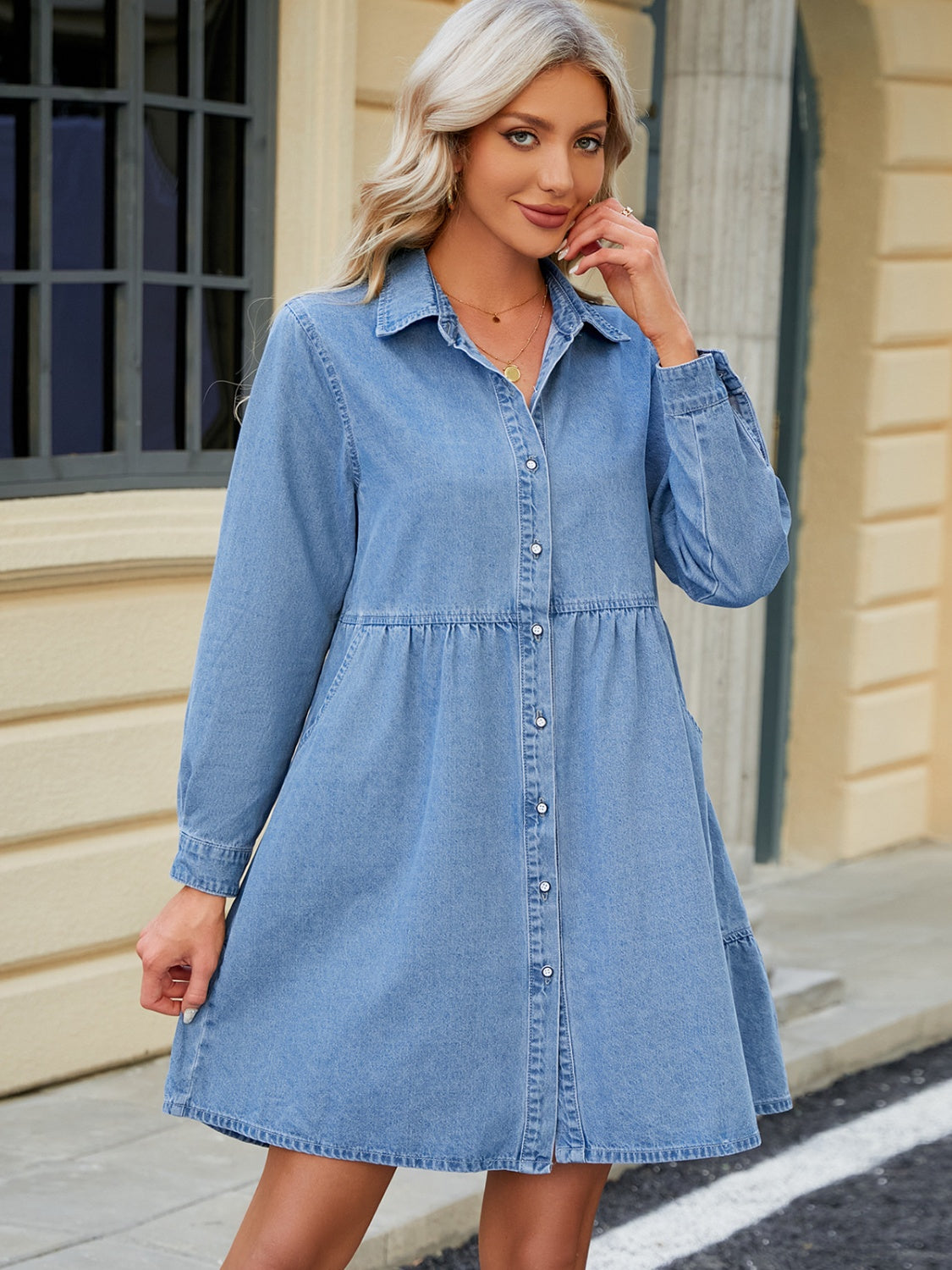 Sunset Vacation Tiered Button Up Long Sleeve Denim Dress Sunset and Swim   