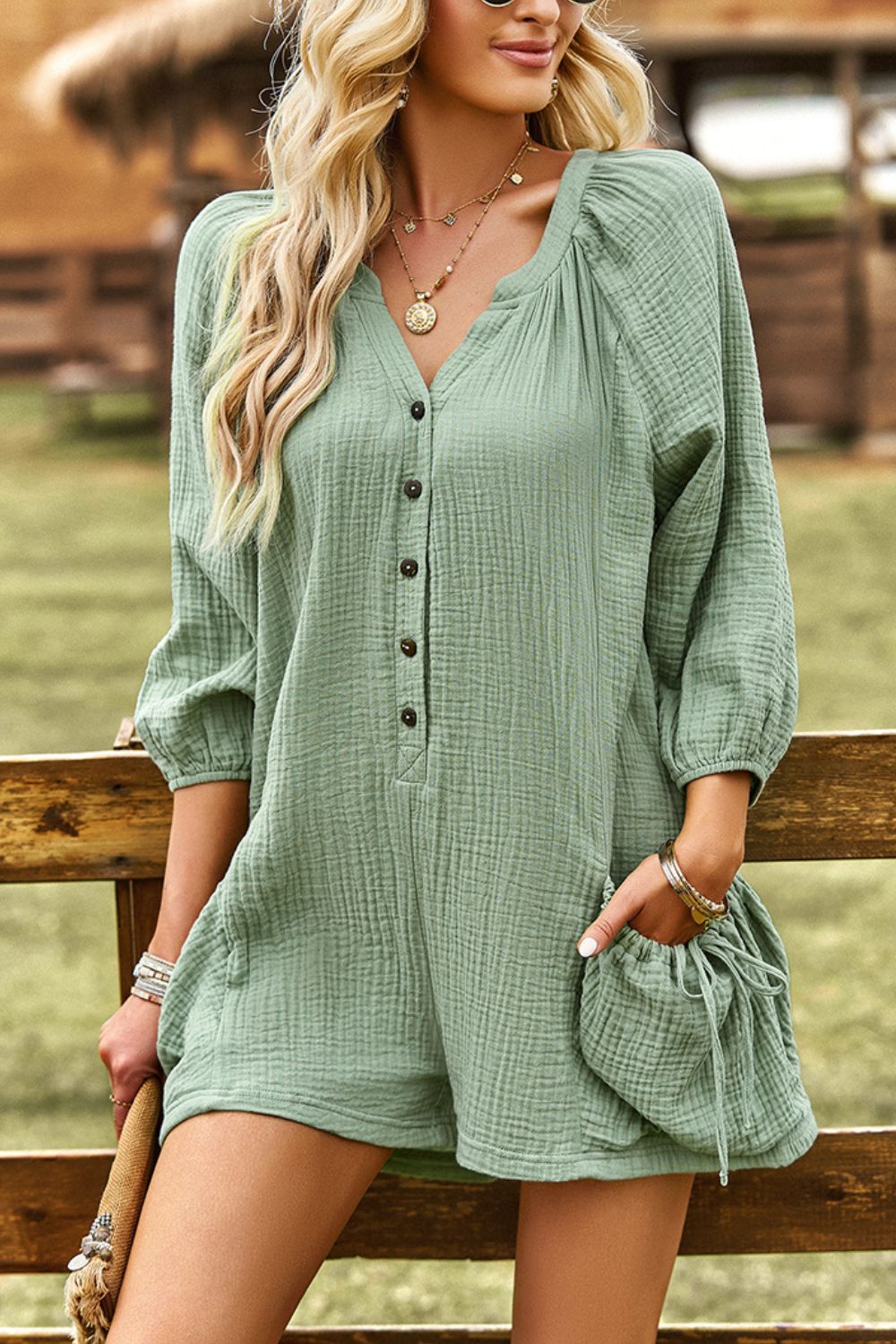 Textured Notched Neck Romper with Pockets Sunset and Swim Light Green S 