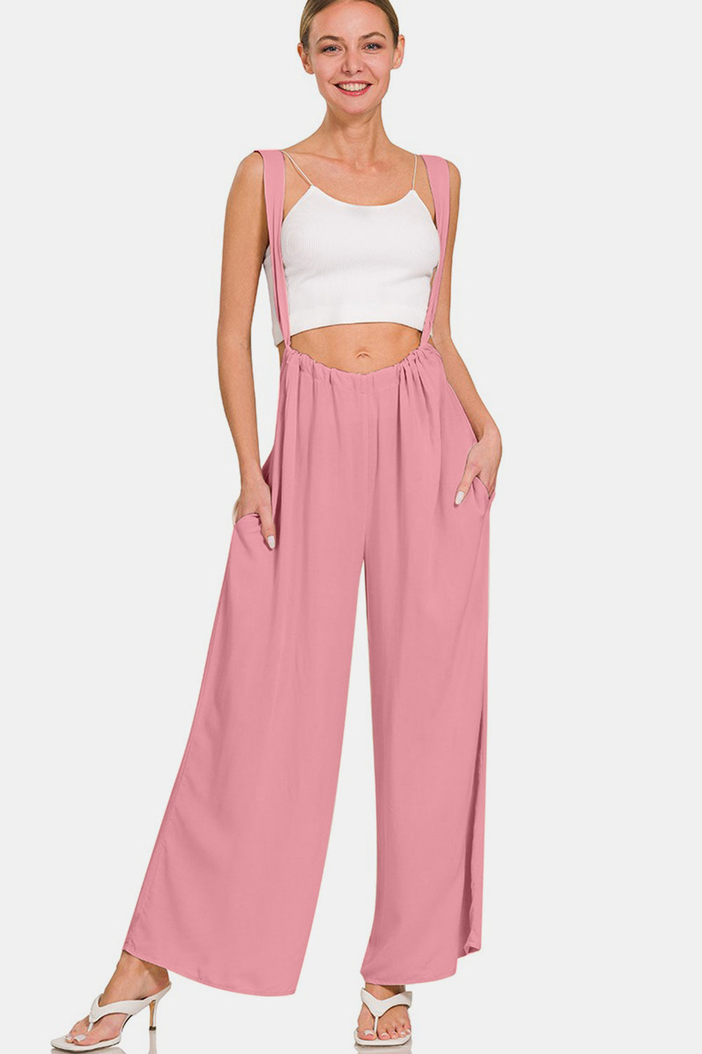 Zenana Pocketed Wide Strap Wide Leg Overalls Sunset and Swim Lt Rose S 