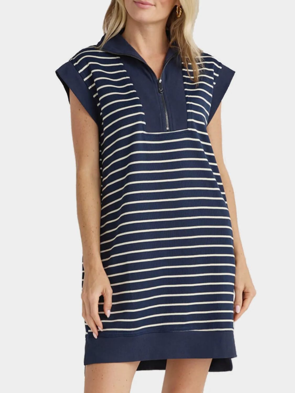 Sunset Vacation Full Size Pocketed Striped Quarter Zip Cap Sleeve Dress Sunset and Swim Dark Blue S 