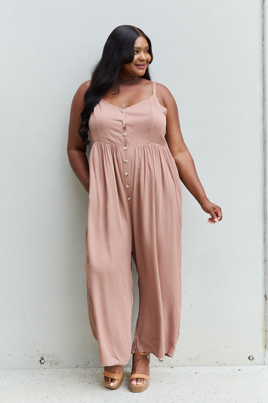 HEYSON All Day Full Size Wide Leg Button Down Jumpsuit in Mocha  Sunset and Swim Mocha S 
