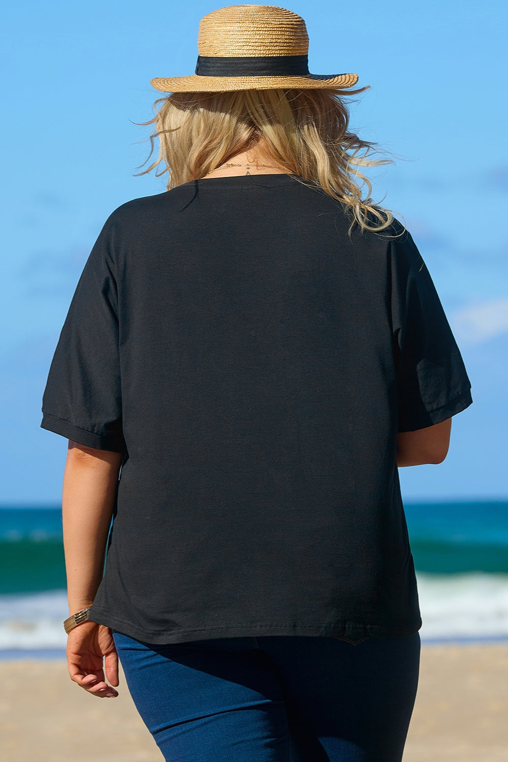 Plus Size Star Round Neck Half Sleeve T-Shirt Sunset and Swim   