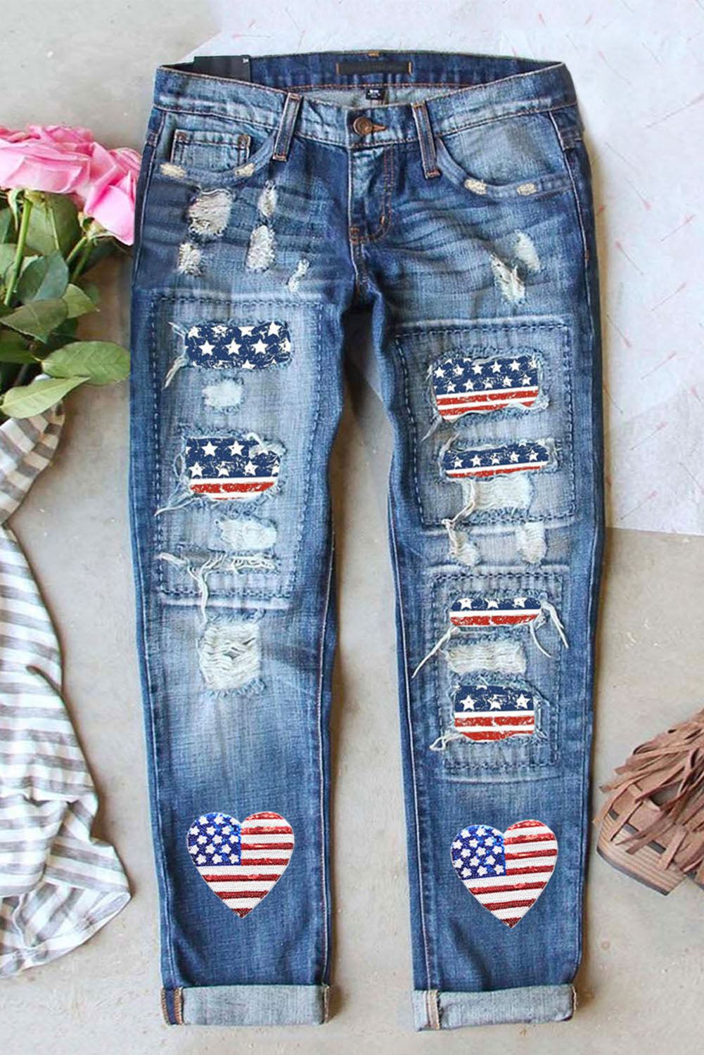 US Flag Distressed Straight Jeans Sunset and Swim   