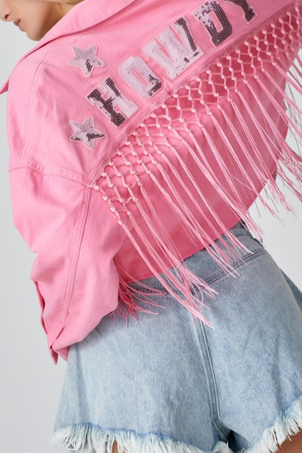 Tassel Sequin Letter Long Sleeve Denim Jacket Sunset and Swim   