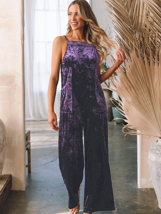 Pocketed Spaghetti Strap Wide Leg Overall  Sunset and Swim Violet S 