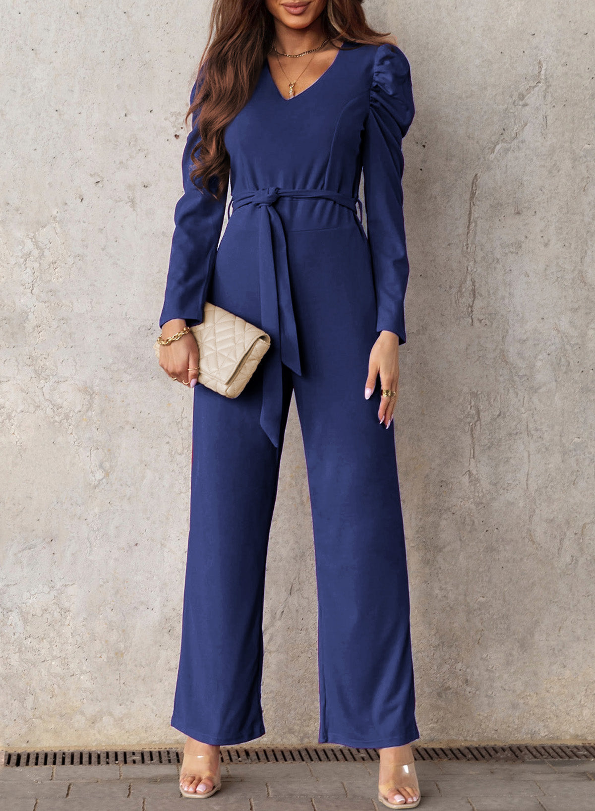 Sunset and Swim Belted Long Puff Sleeve V-Neck Jumpsuit Sunset and Swim   