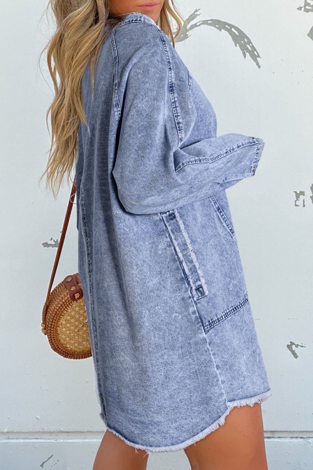 Raw Hem Button Down Long Sleeve Denim Dress Sunset and Swim   