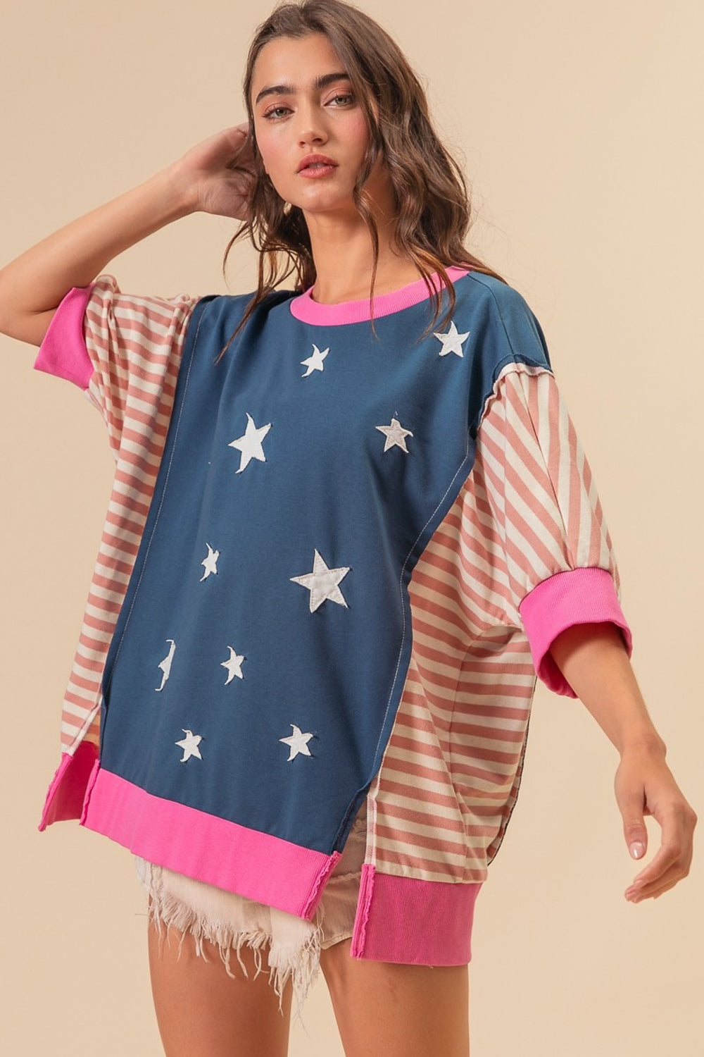 BiBi US Flag Theme Color Block Star Patch T-Shirt Sunset and Swim Navy Multi S 