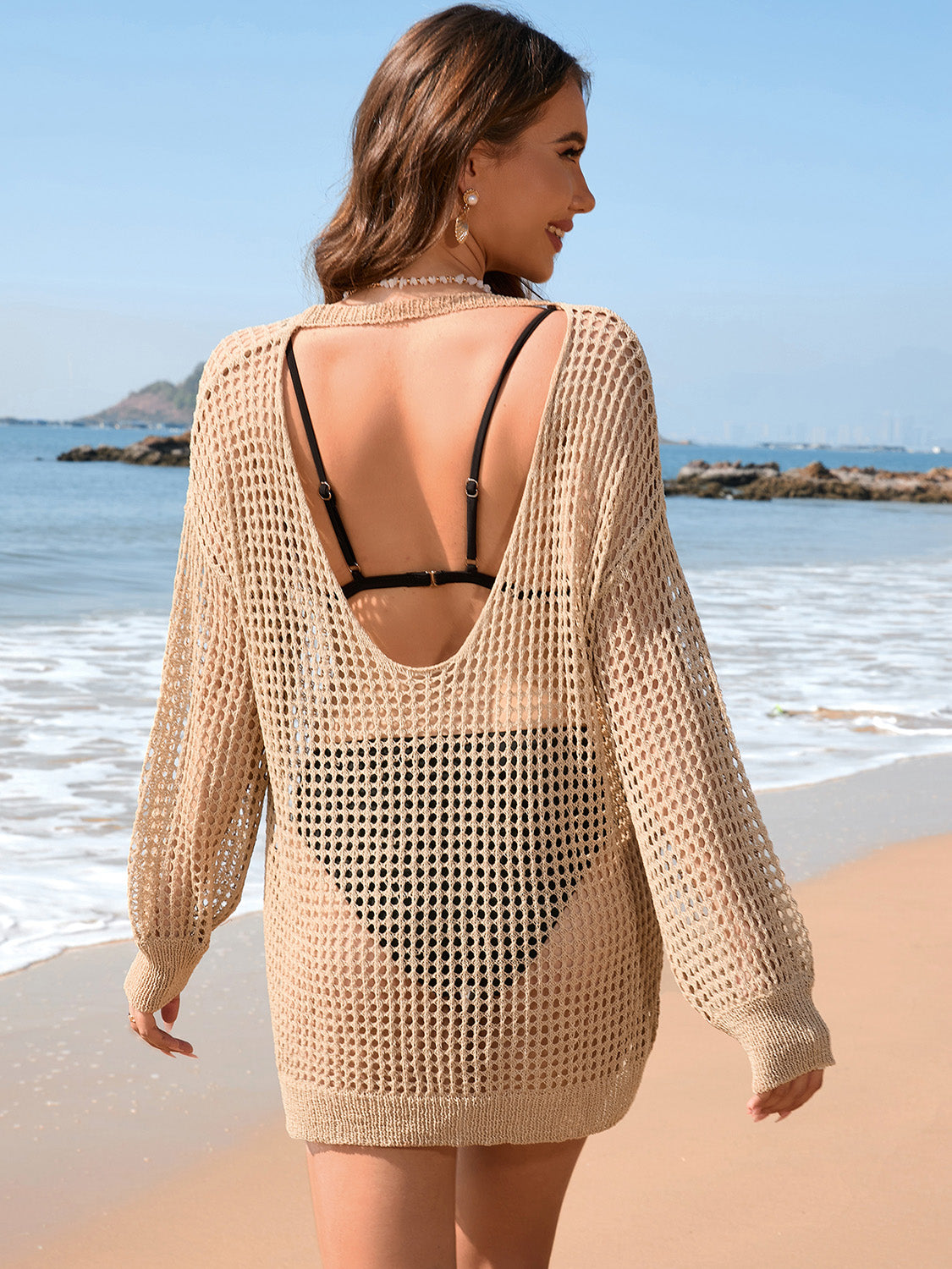Sunset Vacation  Backless Boat Neck Long Sleeve Cover Up  Sunset and Swim   