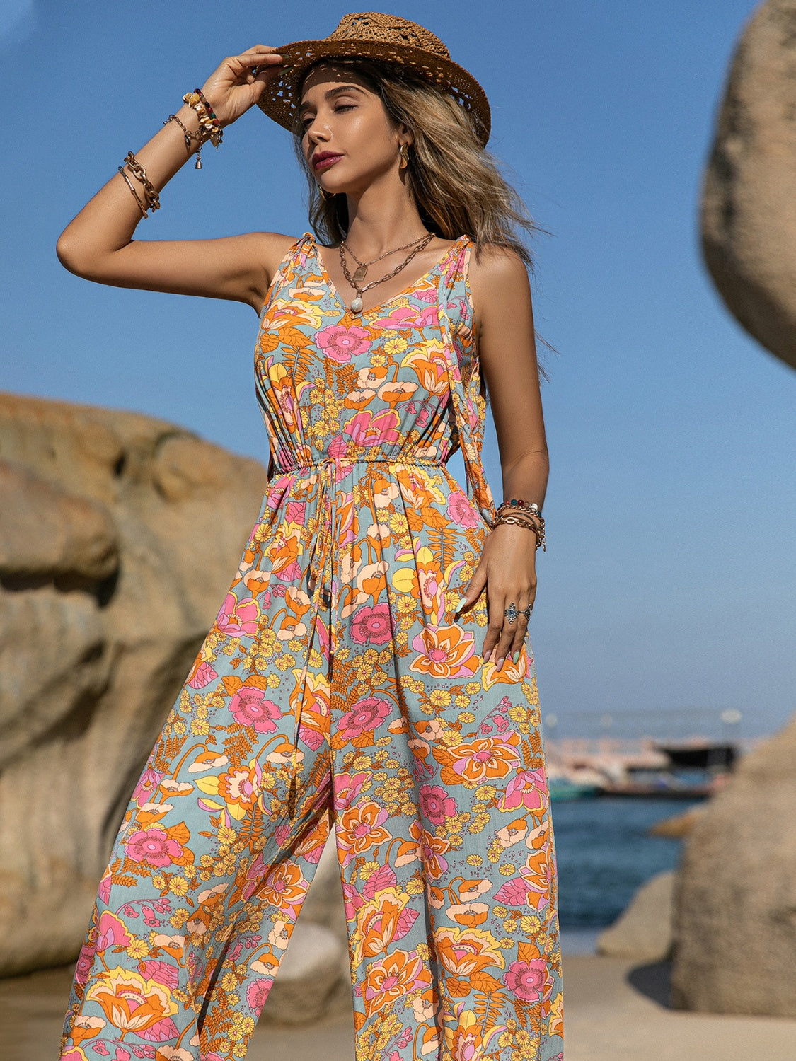 V-Neck Wide Leg Jumpsuit Sunset and Swim Floral S 